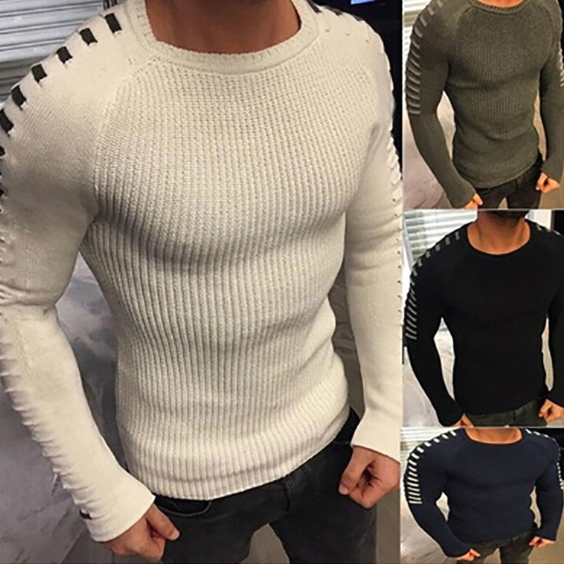 

Autumn Winter Sweater Men Casual Pullover Long Sleeve O-Neck Patchwork Knitted Sweaters Streetwear, Blue