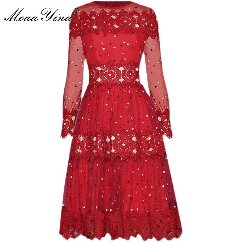 

Fashion dress Spring Women Dress Mesh Long sleeve Dots Patchwork Hollow out Embroidery Dresses 210524, Navy blue