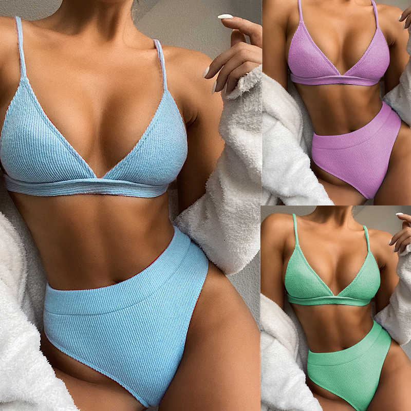 

Female Sexy Swimsuit High Waist Bikini Set Bathing Suits Women Two Piece Split Push Up Swimwear Ribbed Bather Beachwear 210629, Bk174rd