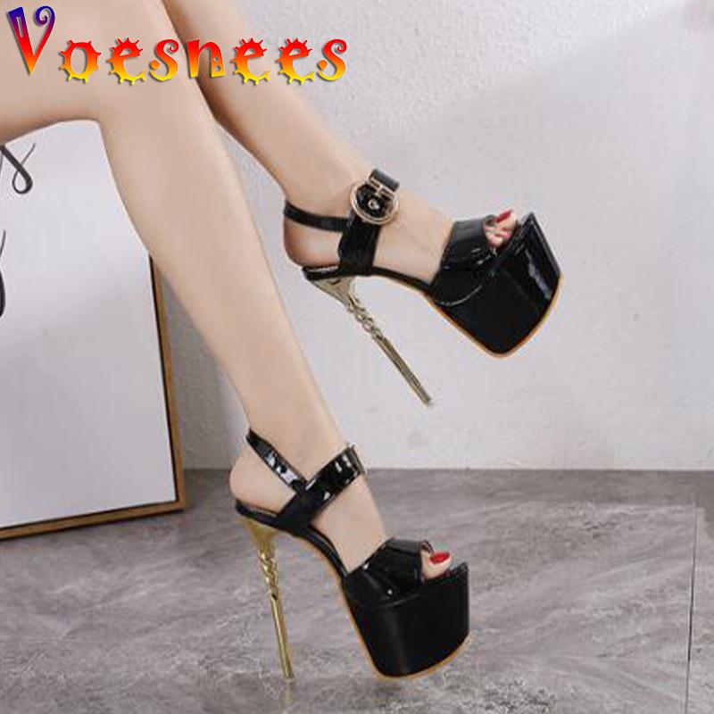 

Sandals Women Stiletto Thick Bottomed Platform Super High Heels 16cm Female Buckle Peep Toe Gold Black Ladies Shoes
