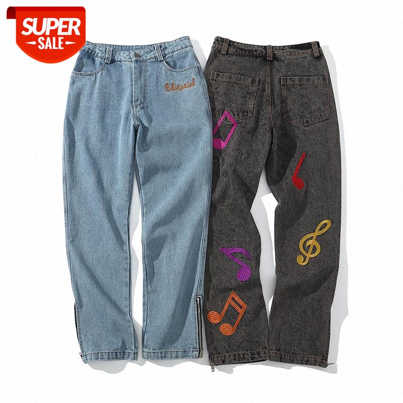 

LawFoo Men's Washed and Distressed Music Symbol Embroidered Jeans #V45y, Black