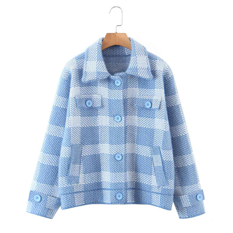 

Winter Women Elegant Sweet Loose Keep Warm Lattice Knitted Coat Lapel Long Sleeves Female Chic Tops 210520, Blue