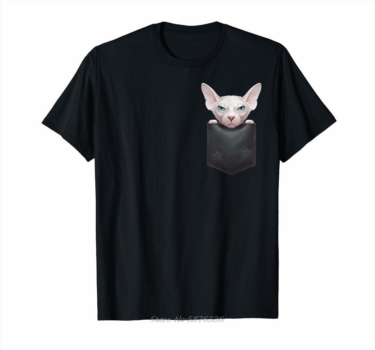 

white sphynx cat in mens t shirt breast pocket women male girl cotton tshirts funny summer tees, White;black