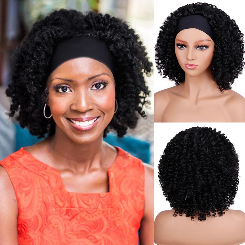 

LingHang Black Brown Kinky Curly Wig 12inch Long Synthetic Hair For Women Headband Affordable Natural Wigs, 39a