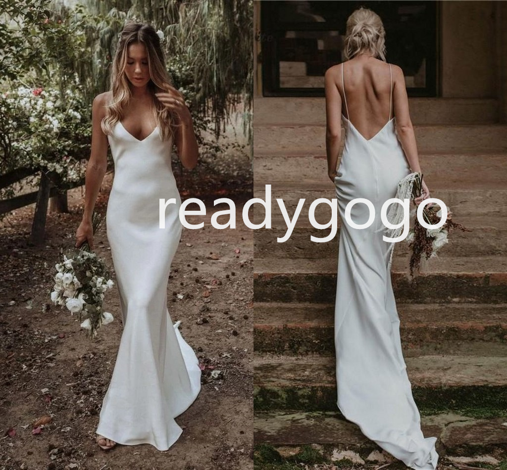 

Soft Satin Mermaid Wedding Gowns 2021 Boho Garden Spaghetti Straps Simple Sexy Open Back Country beach Bridal Dress Rustic, Ivory