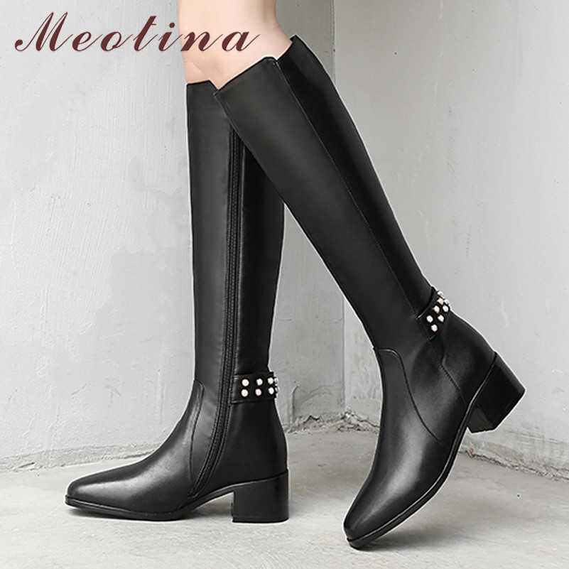

Meotina Pearl Genuine Leather Mid Heel Long Boots Women Shoes Block Heels Zip Knee-High Boots Lady Autumn Winter Beige Size 40 210608, Beige synthetic l
