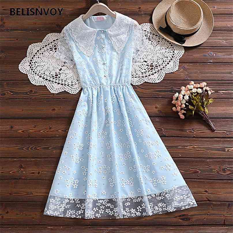 

Preppy Style Summer Women Cute Dress Double-layered Collar Blue Purple Patchwork Mesh Floral Printer es 210520, Sky blue