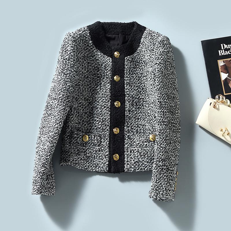 

Women' Wool & Blends European And American Clothing Winter 2022 Long-sleeved Round Collar Fashion Gold Button Tweed Coat, Black