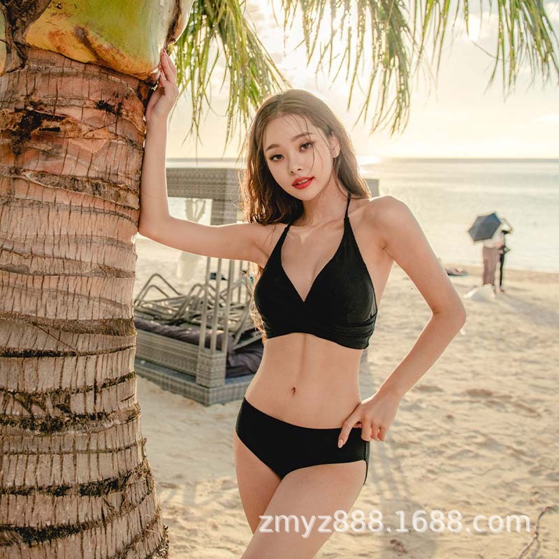 2021 South Split Korean Swimsuit Women&#039;s Solid Color Tight Show Thin Hanging Neck Triangle Bikini-image-678648308