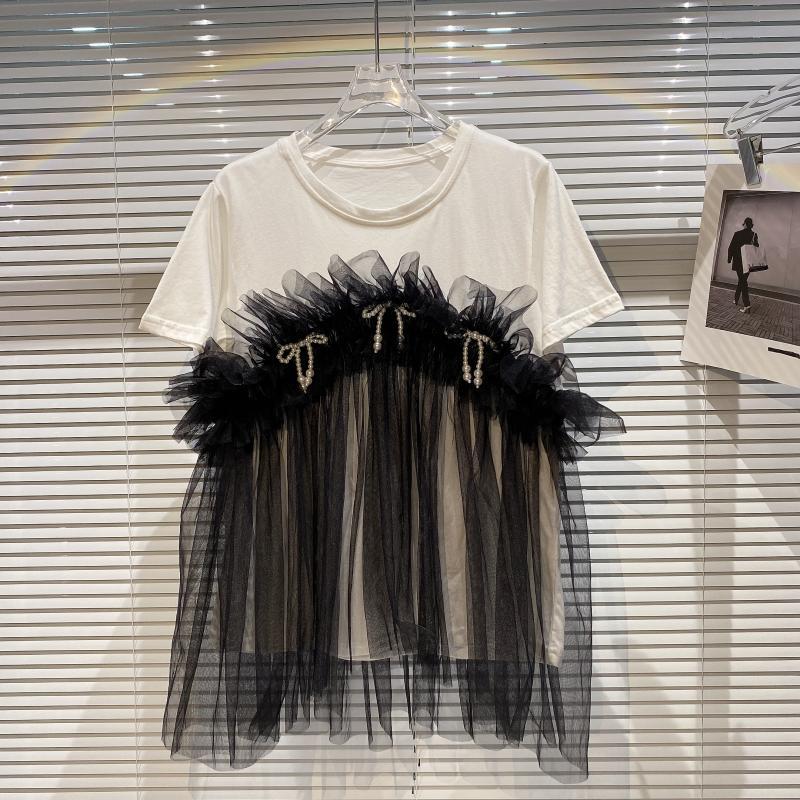 

Women Patchwork Mesh T-shirt Solid Color Round Neck Short Sleeve Temperament Fashion Spring Summer 11D515 210525, White