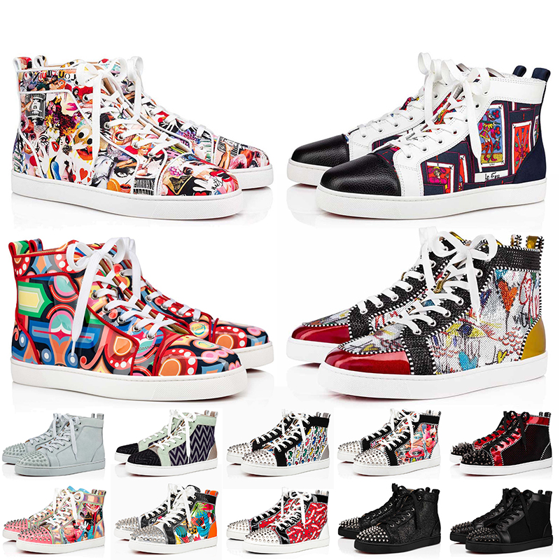 

Women Mens Red Bottoms Designer Shoes Spike Casual Sneakers Graffiti studded Genuine Leather Platform Bottom Flat Luxury Trainers Big Size 4, Black