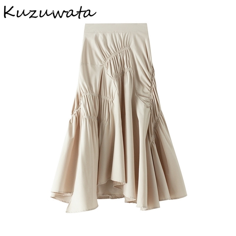 

Kuzuwata Fashion Elegant Temperament A-line Skirt Spring Summer Solid Chic Pleated Jupe Ins Mid Length Women Skirts 210708, White