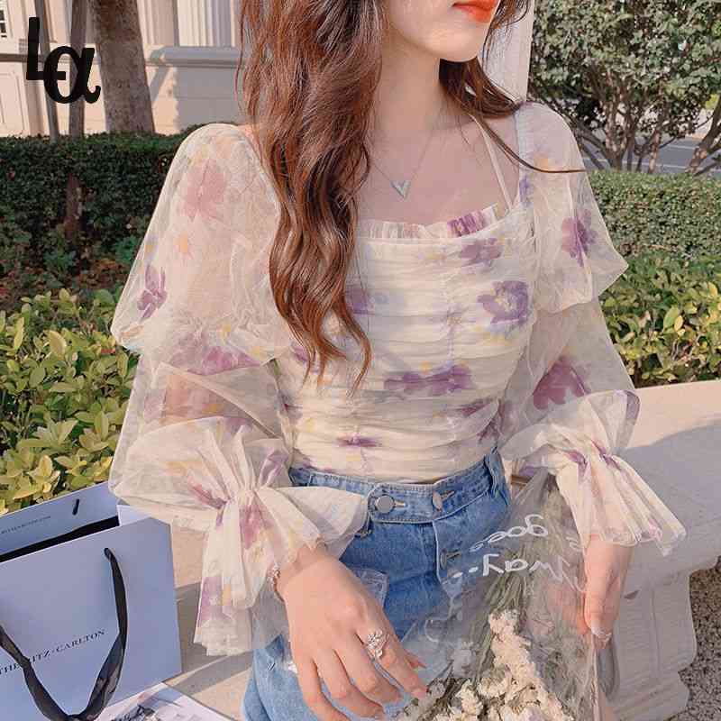 

Summer Floral Chiffon Blouse Women Elegant Kawaii Korean Chic Sweet Casual Puff Sleeve Outdoor Slim 210519, Flroal