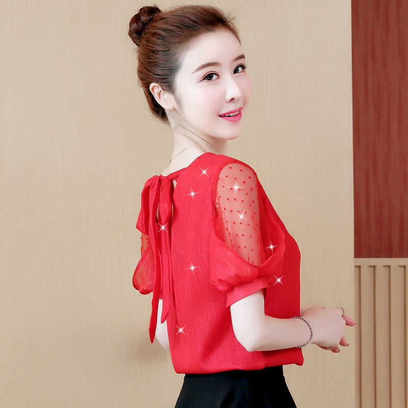 

Women Spring Summer Chiffon Blouses Hollow Out Lace Shirts Lady Casual Short Sleeve O-neck Loose Women' Tops DF3480 210609, Pink