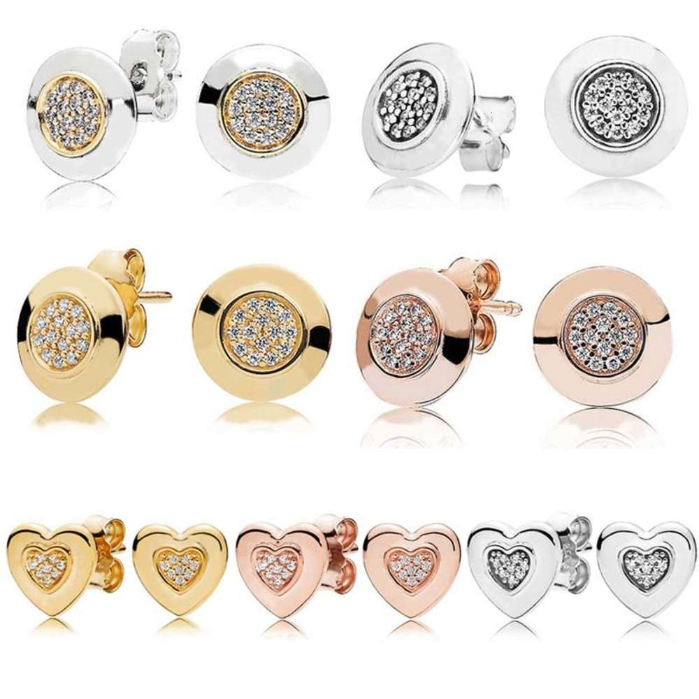 

925 Sterling Silver Earring Rose PAN Golden Two-tone Signature Heart Earring With Crystal For Women DIY Gift Fashion Jewelry2021