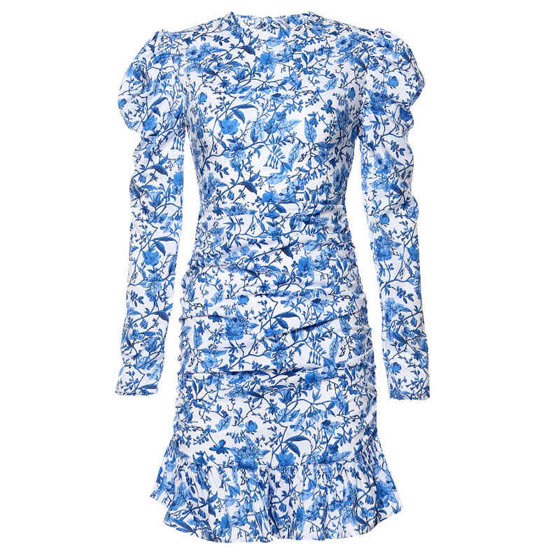 

Paris Girl Fashion Blue Long-sleeved O-Neck Printed Slim Sexy Halter Bodycon Mini Dress Women Party Night Club 210524