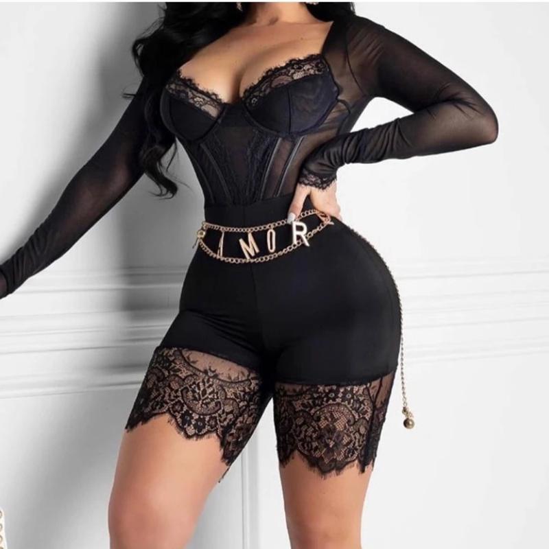 

Women' Jumpsuits & Rompers Lace Bodysuit Long Sleeve Mesh See Through Sexy Jumpsuit Women V-neck Bodycon Romper Shorts Plus Size Black Play