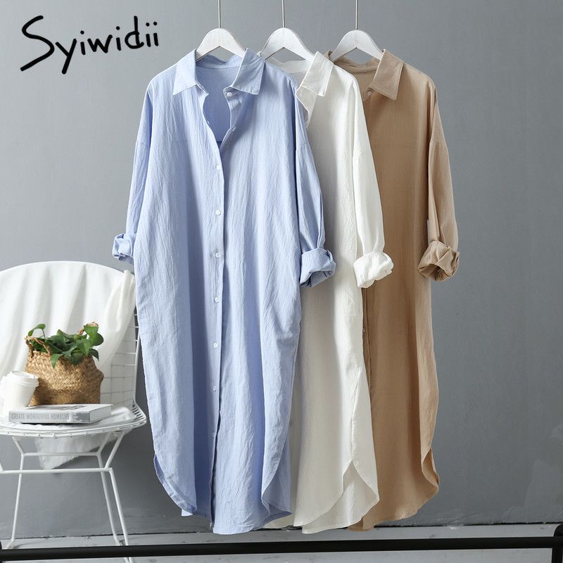 

Syiwidii Woman Long Shirt Dress Cotton Korean Clothing White Boho Beach Big Maxi Blue Dresses Spring Summer 2021 Oversized Robe