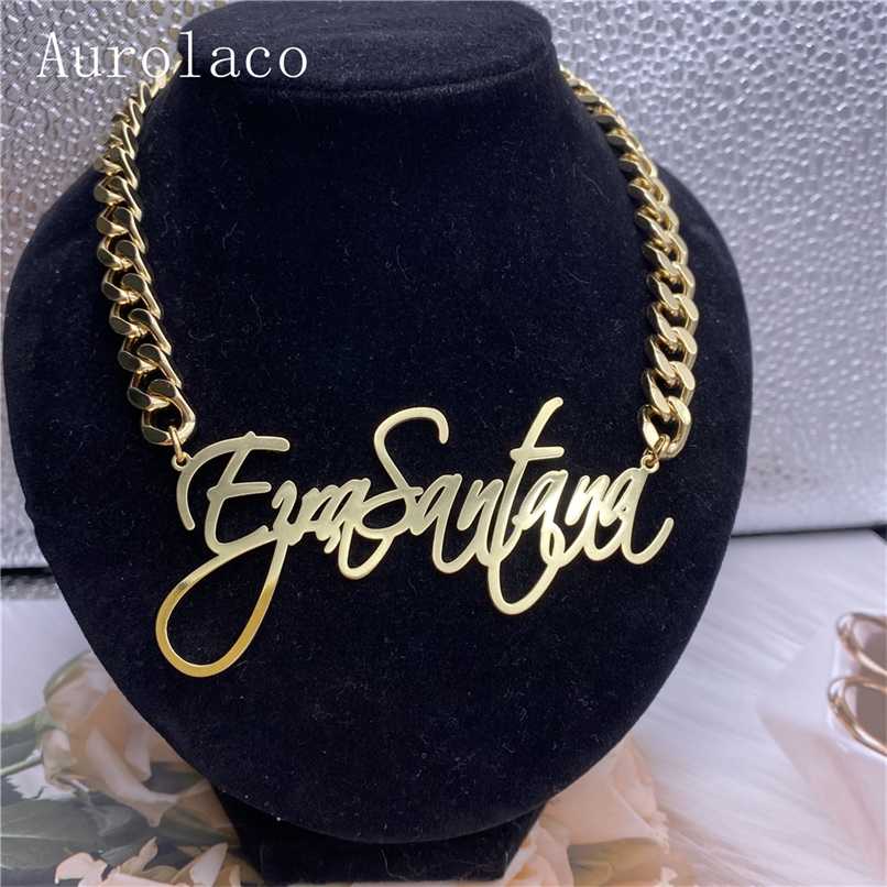 

AurolaCo Custom Name Necklace 8mm Cuban Chain Necklace Personalized Stainless Steel Letter Pendant Necklace Women Gifts 211110