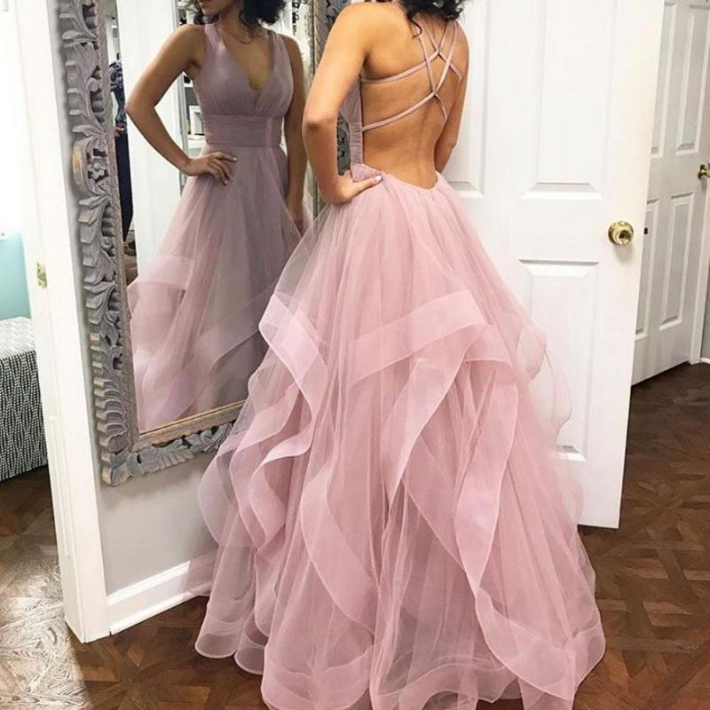 

Party Dresses Ball Gown Prom Dress 2k19 Deep V Neck Criss Cross Straps Vestidos De Fiesta Largos Elegantes Gala Pearl Pink Idos