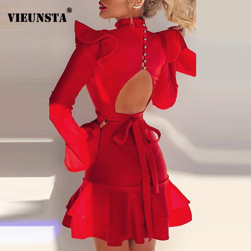 

Red Women Backless Lace-up Bandage Party Dress Autumn Button Ruffle Solid Mini Dress Winter Turtleneck Flare Sleeve Sexy Dresses