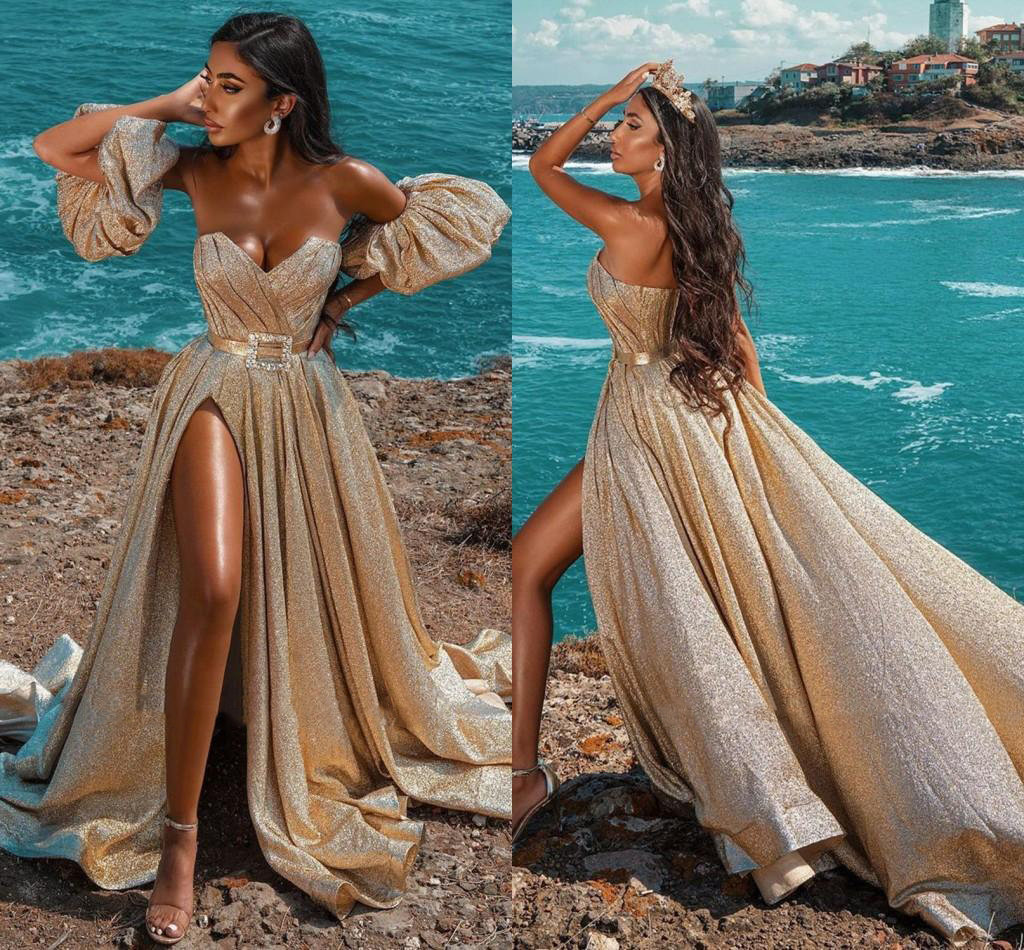 

2021 Gold Sequins Evening Dresses Formal Arabic Split A Line Party Vestidos Sweetheart Backless Sexy Women Robe de soriee Prom Gowns Long, Brown