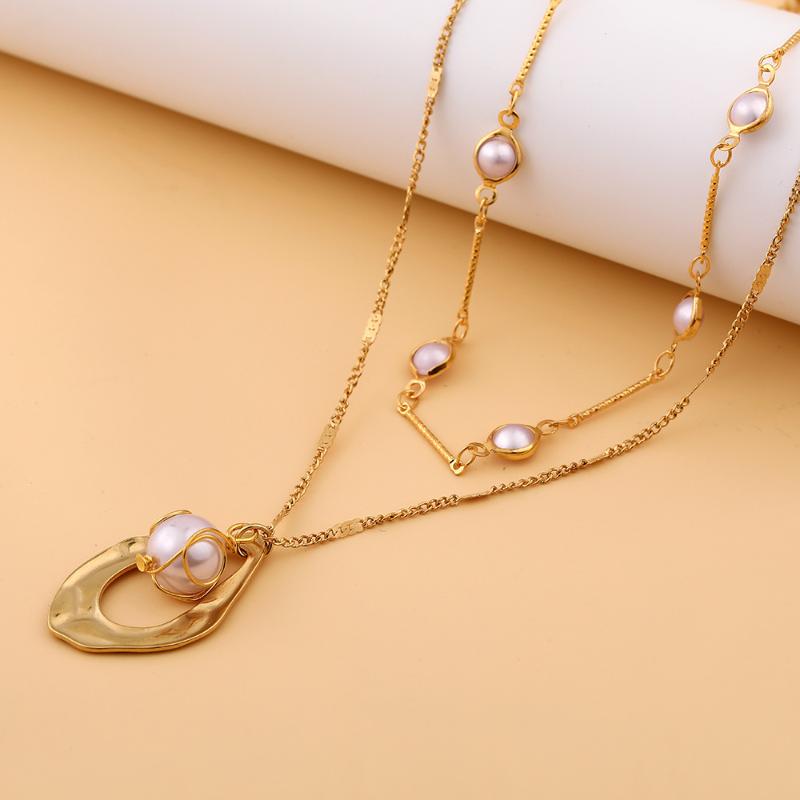 

Korean Version Of Jewelry Fashion Irregular Hollow Geometry Sweet Pendant Ladies Personality Double-layer Pearl Necklace Necklaces