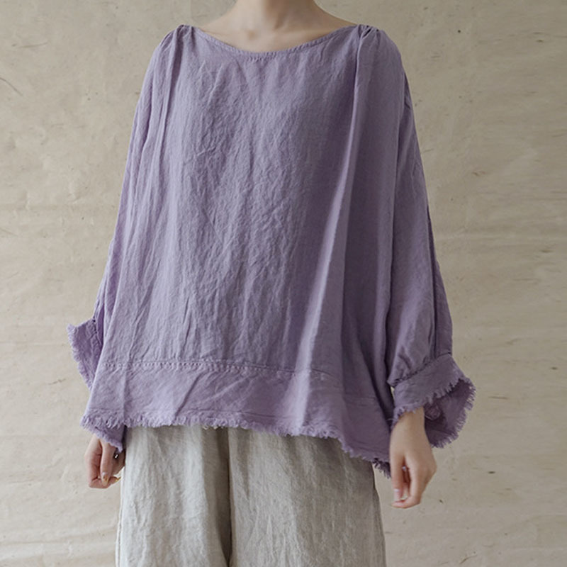 

Johnature Spring Summer Solid Color O-neck Three Quarter Sleeve Cotton Linen Shirt Simple Leisure All-match Women Tops 210521, Purple