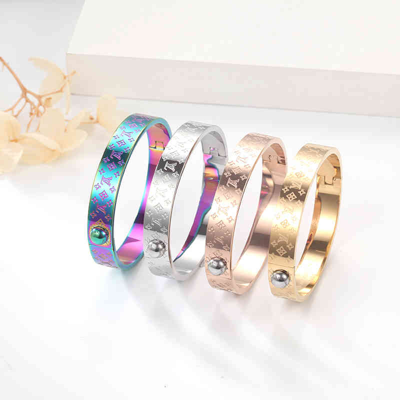 

New Arrival Size 5.8X4.9CM Top Quality Gold/Silver/Rose Gold Mono gram Bangles Colorful Gold Plated bracelet Stainless Steel Bracelets, Black