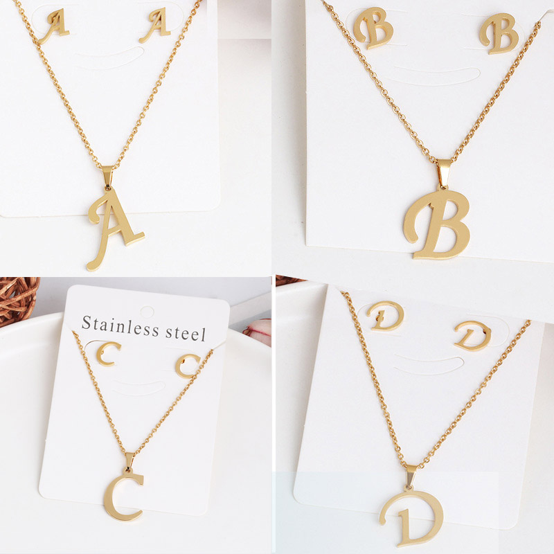 

26 Letter Necklaces with earring set Stainless Steel Gold Choker Initial Pendant Necklace Women Alphabet Chains Jewelry, A-z mixed