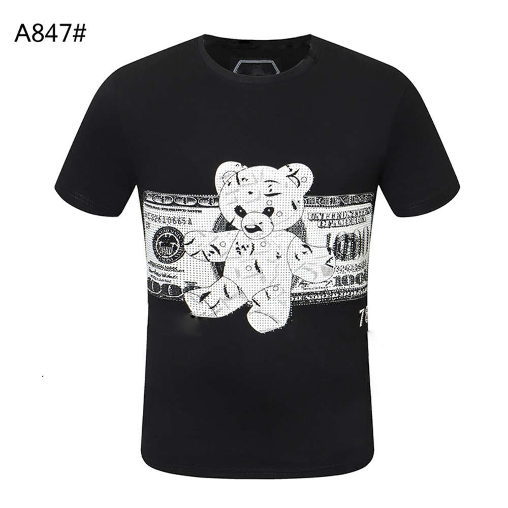 

Skull dollar Fashion men T-shirt high quality Summer Basic Solid crystal print letter Casual Punk tops Tee women clothing short sleeve M-3XL, White;black