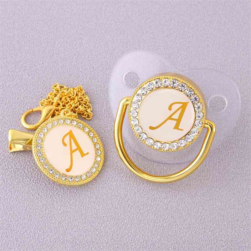 

Luxury Transparent Initial Letter A Bling Baby Pacifier with Chain Clip Newborn BPA Free Dummy Soother Chupete de bebe 210407