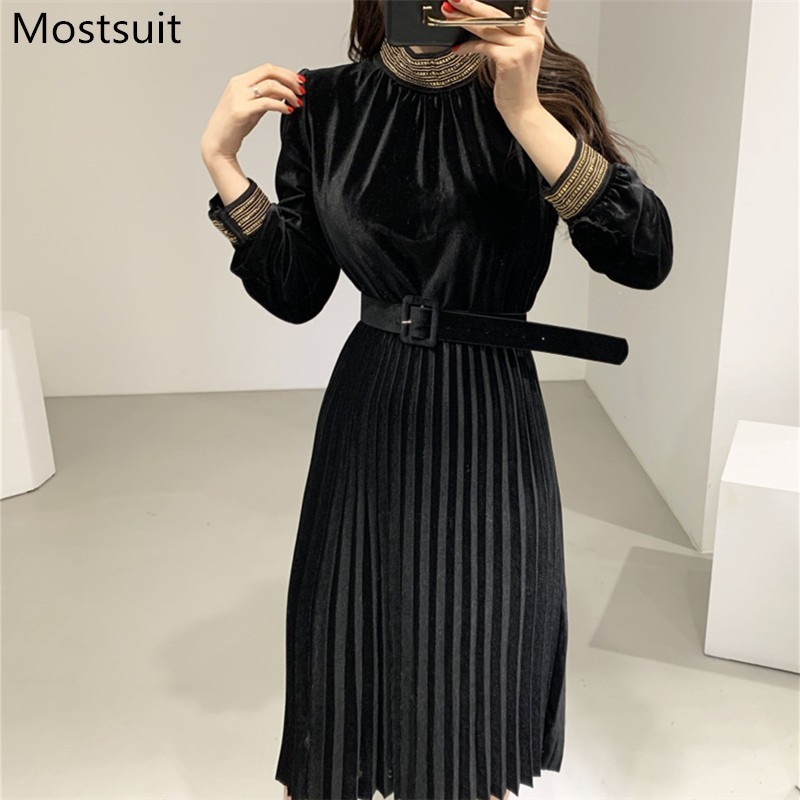 

Korean Vintage Velvet Gold Chain Dress Women Stand Collar Belted Pleated Dresses Elegant Fashion Ladies Vestidos Femme 210518, Black