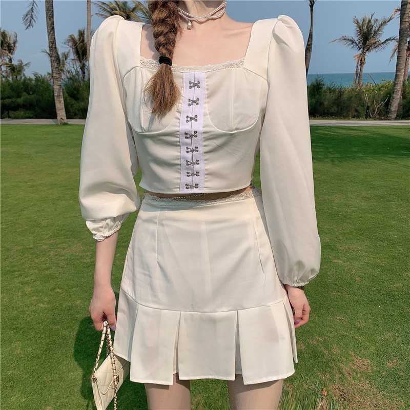 

Summer 2 Piece Sets Women's Elegant Square Collar Long Sleeve Short Sexy Tops + Mini Pleated Skirts Outfits 210526, Photo color