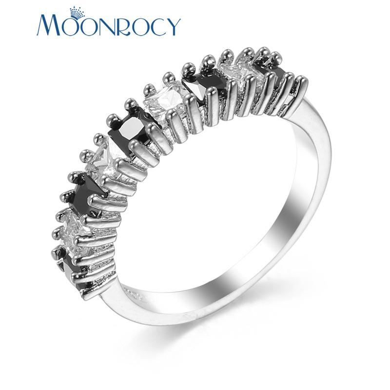 

Cluster Rings MOONROCY CZ Black White Crystal Silver Color For Women Girls Party Office Fashion Jewelry Wholesale Drop Gift, Golden;silver