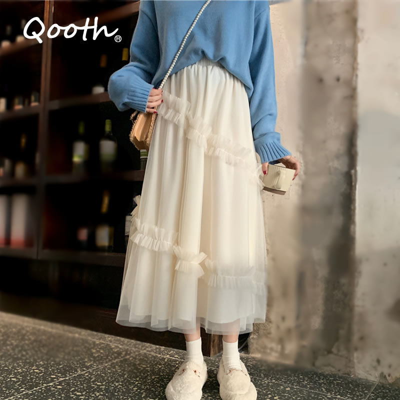 

Qooth Mesh Skirt Super Fairy Spring Black Beige High Flexible Waist Long A-line All Match Bottoms QT525 210518