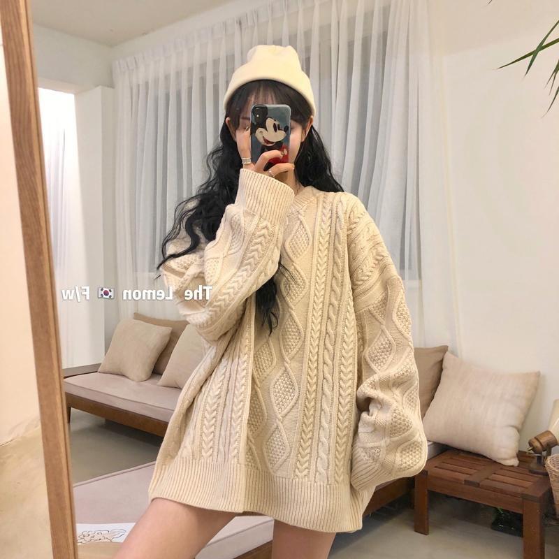 

Women's Sweaters Twisted Sweater Women In The Winter Korean Version Of Lazy Wind Loose Show Thin Pullover Wear Thickened, White;black