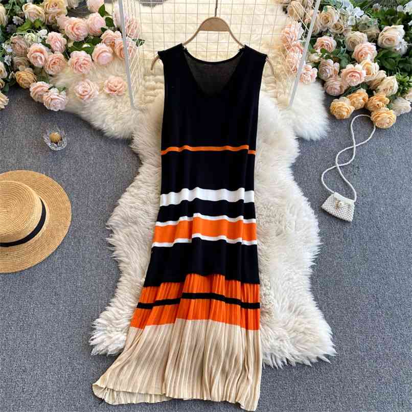 

Summer Loose Ice silk Sleeveless Thin Vest Dress Women Temperament Straight Striped Knitted Holiday 210602, Orange