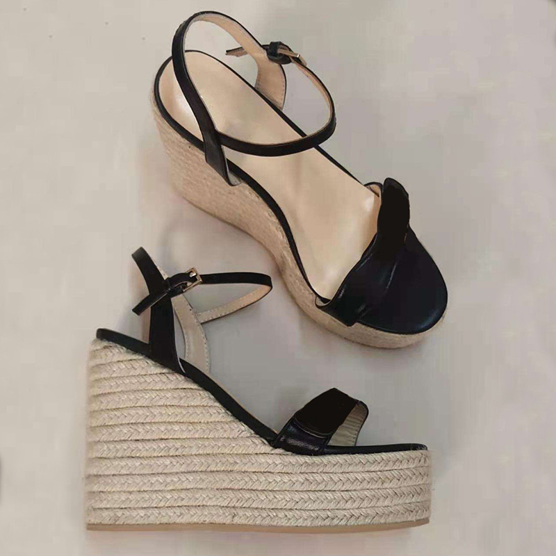 

2021 Designer platform Sandals Women's leather espadrille Wedge High Heels Black White Adjustable ankle strap Sandal Summer Party Wedding Shoes With Box 291, Sock