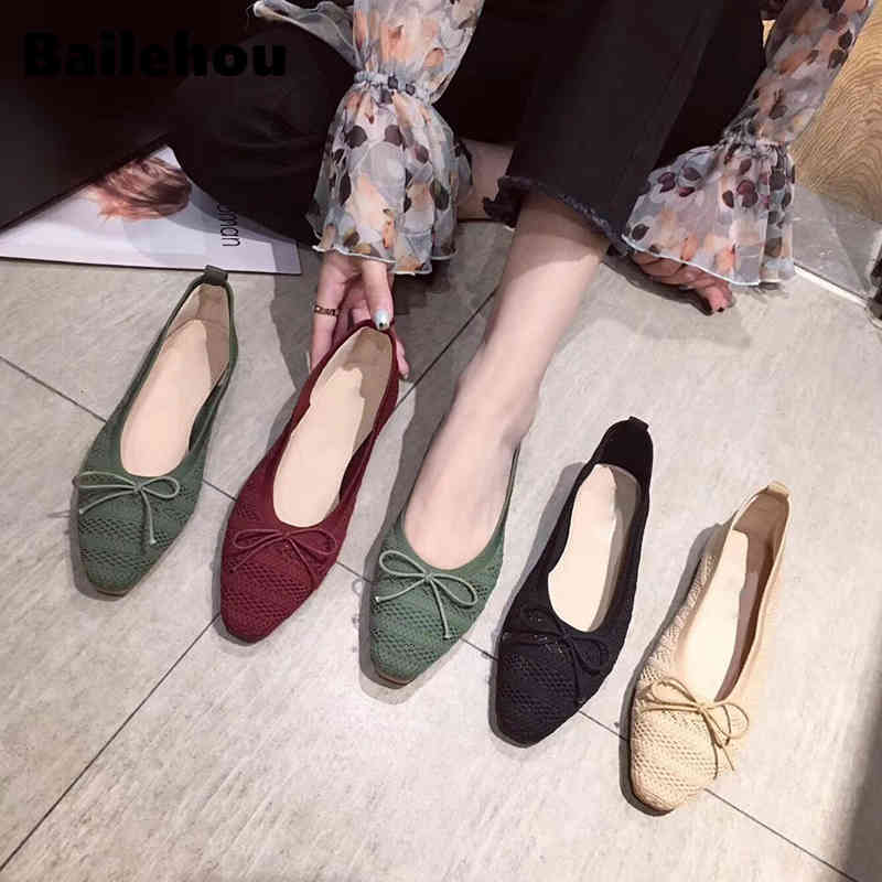 

Dress Shoes Women Flats Ballet Breathable Knitted Round Toe Shallow Flat Ballerina Fashion Bow-knot Slip On Loafers ZI55, Black