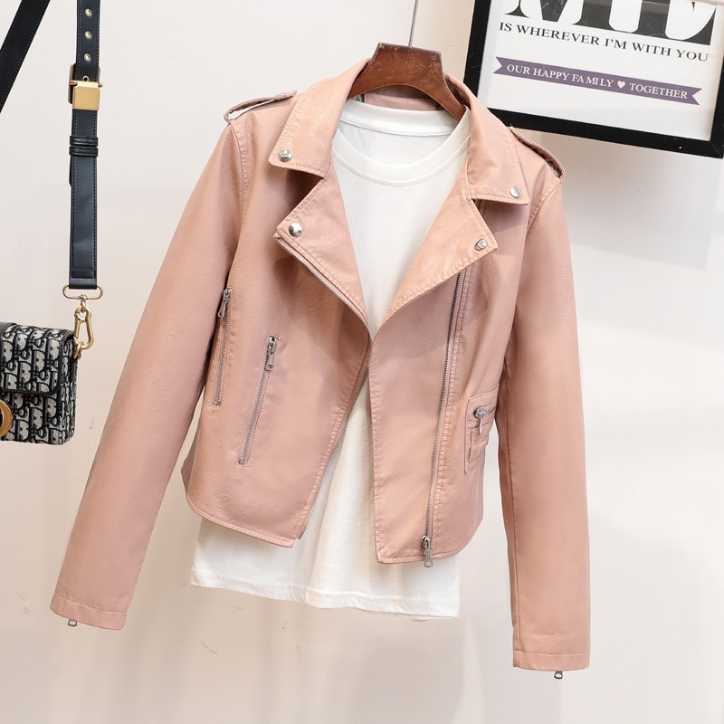 

Spring Autumn Leather Coat Slim Turn Down Collar Pvc Jackets Female Zipper Biker Moto Faux Outwear 210602