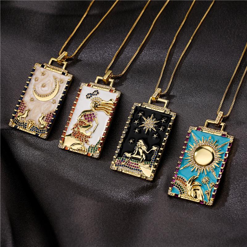 

Colorful Enamel Geometric Pendant Necklace For Women Vintage Sun Moon Star World Lovers Pattern Amulet Fashion Couple Jewerly Necklaces, Silver