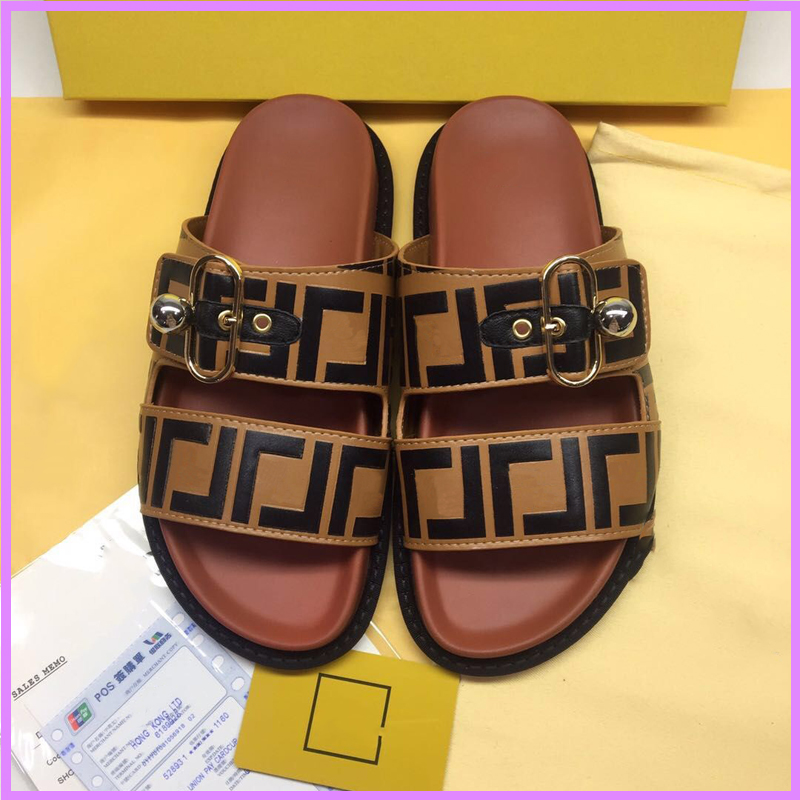 

New Mens Double Laced Flat Sandals Steet Fashion Shoes Womens Designer Slides Ladies F Letter Heels Non Slip Sole 4 Color D2112082F, Chocolate