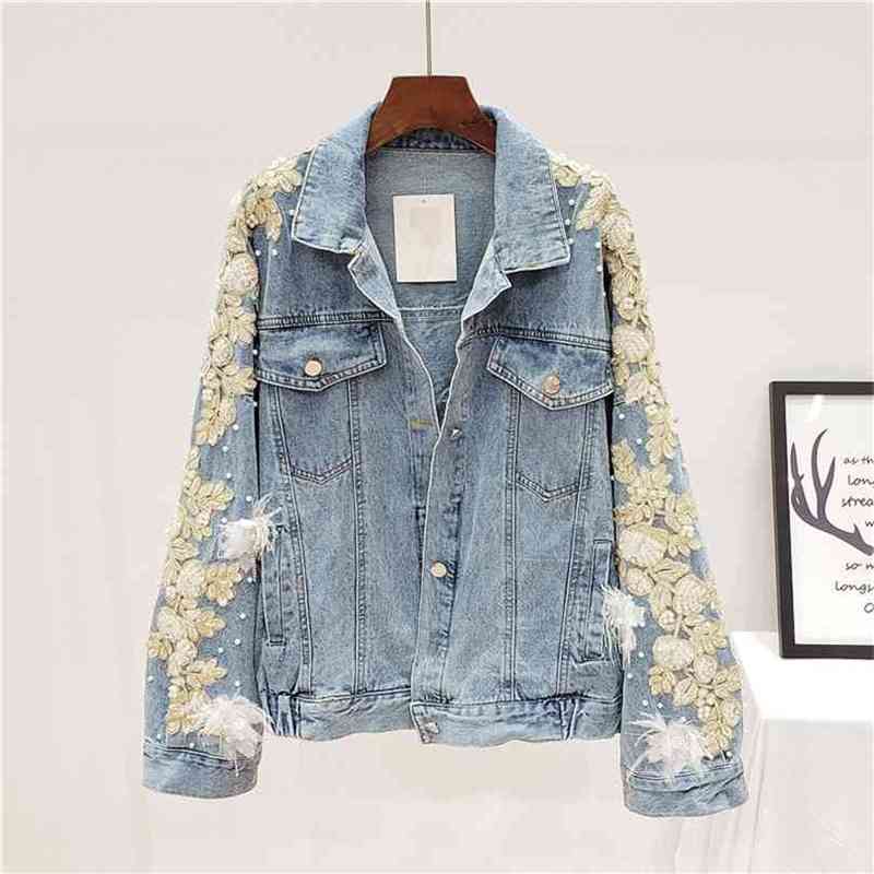 

Gold Line Floral Embroidery Denim Jacket Woman Beading Long Sleeve Light Blue Coat Female Loose Vintage Chic 210603