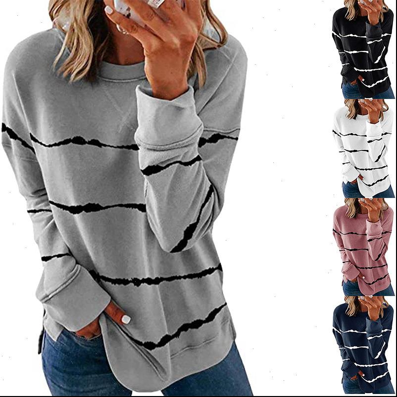 

fall winter fashion style tie womens t shirts dye printed round neck loose long sleeve shirt female 961, White