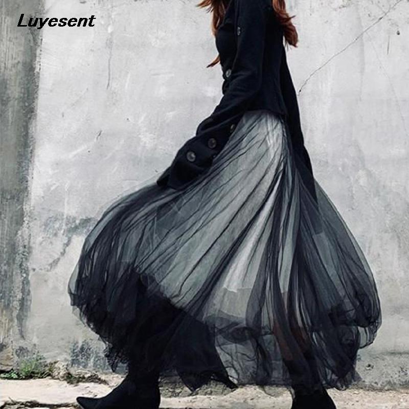 

Women Dark Gothic A-line Black Skirt 2021 Hipster Lady Mesh Lace Spliced Streetwear Punk Cool Street Ankle-length Zipper Skirts