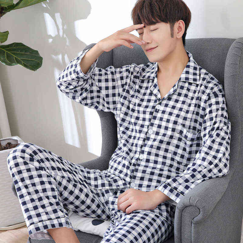 

Spring Check Printed Men's Pajamas Long Sleeve Cotton Youth Middle-aged Cotton Large Size Pajamas Men's Home Service Set 211111, 818