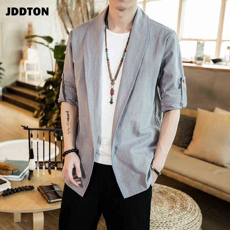 

JDDTON Autumn Men Kimono Open Linen Jackets Solid Outerwear Thin Coats Loose Casual Male Long Sleeve Retro Loose Overcoats JE140 Y1106, Men light gray