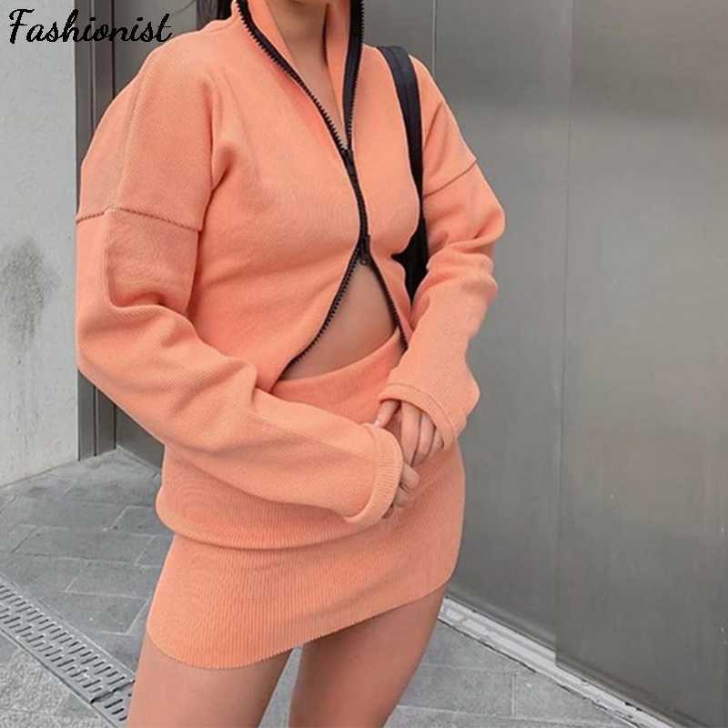 

Women Sets Winter Batwing Sleeve Oversize Tops And Skirts Co-ord Sets Casual Ribbed Knitted Zipper Bodycon Two Piece Set 210709, Coral red