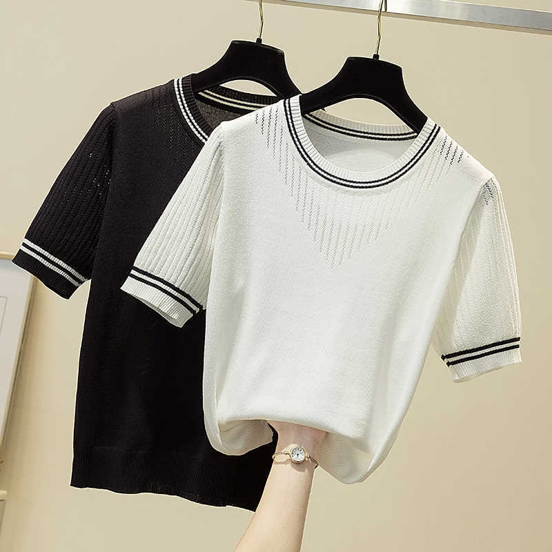 

Oversized women sweaters pullover short sleeve o neck sexy hollow out kint Summer sweater female jersey mujer invierno 210604, Black